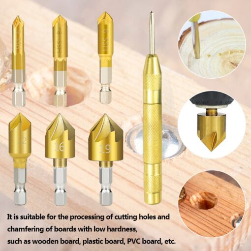 Hex Shank Countersink Drill Bit 6-19mm Set Titanium Coated 5 Flute Hole Drill 90 Degrees Wood Chamfering Cutter 2