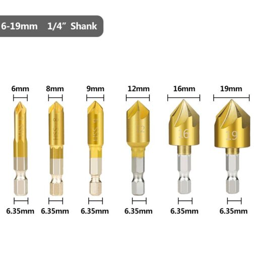 Hex Shank Countersink Drill Bit 6-19mm Set Titanium Coated 5 Flute Hole Drill 90 Degrees Wood Chamfering Cutter 3