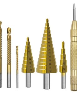7PCs HSS Step Drill Bit Sets Straight Groove Titanium Coated Cone Hole Cutter Automatic Center Punch Spiral Twist Saw Drill Bit 6