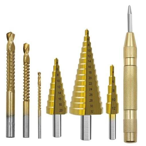 7PCs HSS Step Drill Bit Sets Straight Groove Titanium Coated Cone Hole Cutter Automatic Center Punch Spiral Twist Saw Drill Bit 6