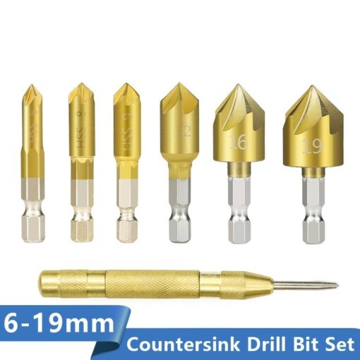 Hex Shank Countersink Drill Bit 6-19mm Set Titanium Coated 5 Flute Hole Drill 90 Degrees Wood Chamfering Cutter 1