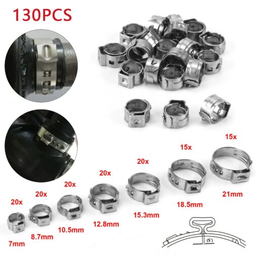 1/130pcs Single Ear Stepless Hose Clamps +1PC Hose Clip Clamp Pliers 7-21mm 304 Stainless Steel Hose Clamps Cinch Clamp Rings 2