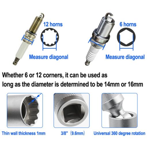 Socket Wrench Magnetic 12 Angle Repairing Removal Tool Thin Wall 3/8" Drive Sockets for 14/16mm Spark Plug 3