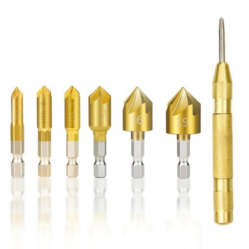Hex Shank Countersink Drill Bit 6-19mm Set Titanium Coated 5 Flute Hole Drill 90 Degrees Wood Chamfering Cutter 6