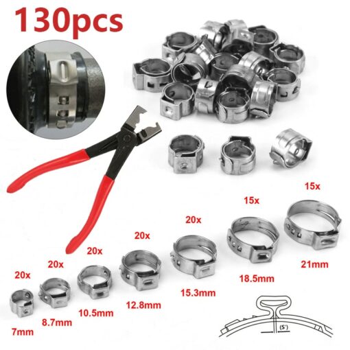 1/130pcs Single Ear Stepless Hose Clamps +1PC Hose Clip Clamp Pliers 7-21mm 304 Stainless Steel Hose Clamps Cinch Clamp Rings 3