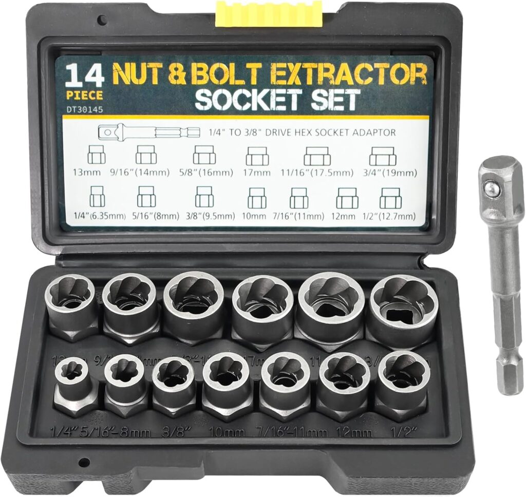 14PCS Bolt Extractor Set, Impact Bolt Lug Nut Remover Kit Rounded Bolt Stripped Lug Nut Remover Locking Wheel Nut Removal Tool Socket Set for Damaged Frozen Studs Rusted Rounded-Off Bolts Nuts Screws
