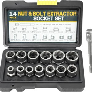 14PCS Bolt Extractor Set, Impact Bolt Lug Nut Remover Kit Rounded Bolt Stripped Lug Nut Remover Locking Wheel Nut Removal Tool Socket Set for Damaged Frozen Studs Rusted Rounded-Off Bolts Nuts Screws