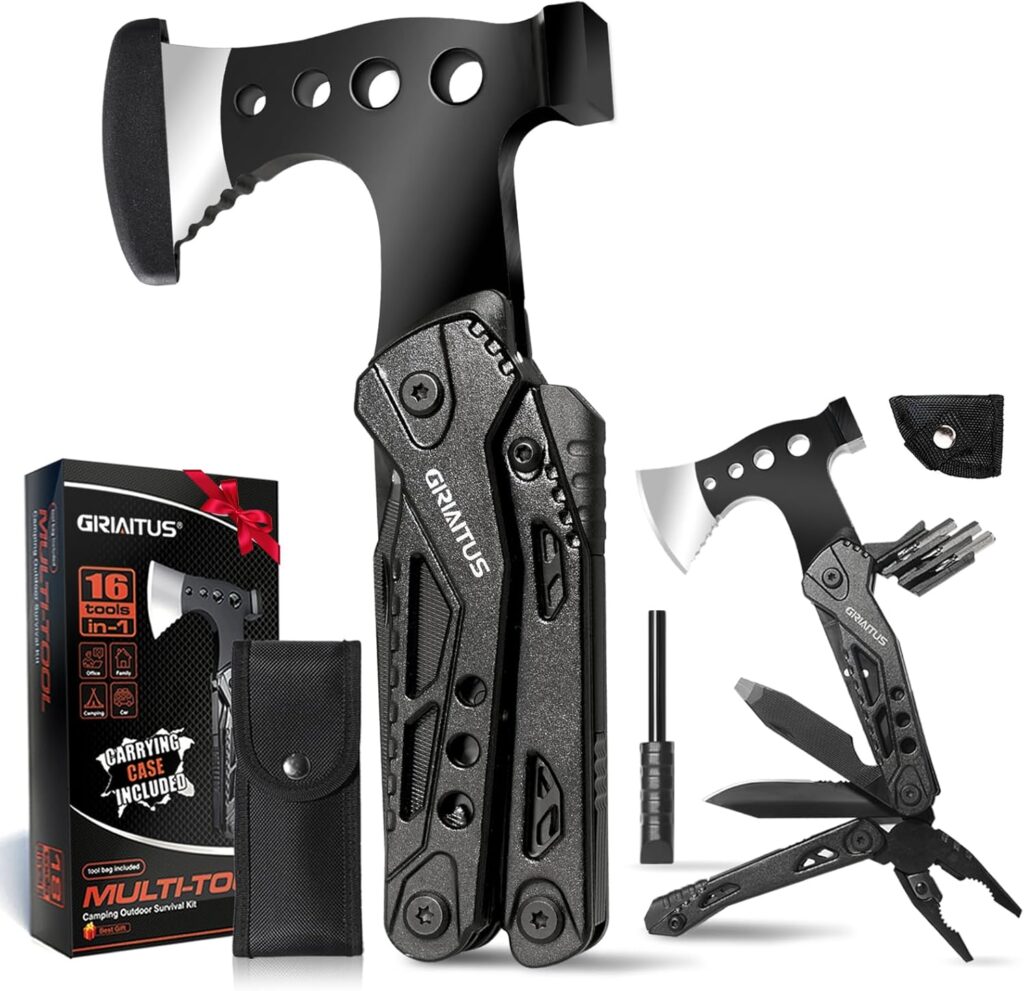 Camping Essentials Multi Tool Gifts for Men Dad 16in1 Multitool Survival Gear with Hammer Pliers Saw Screwdrivers Bottle Opener Whistle Christmas Stocking Fillers Gadgets for Outdoor, Hiking, Repair