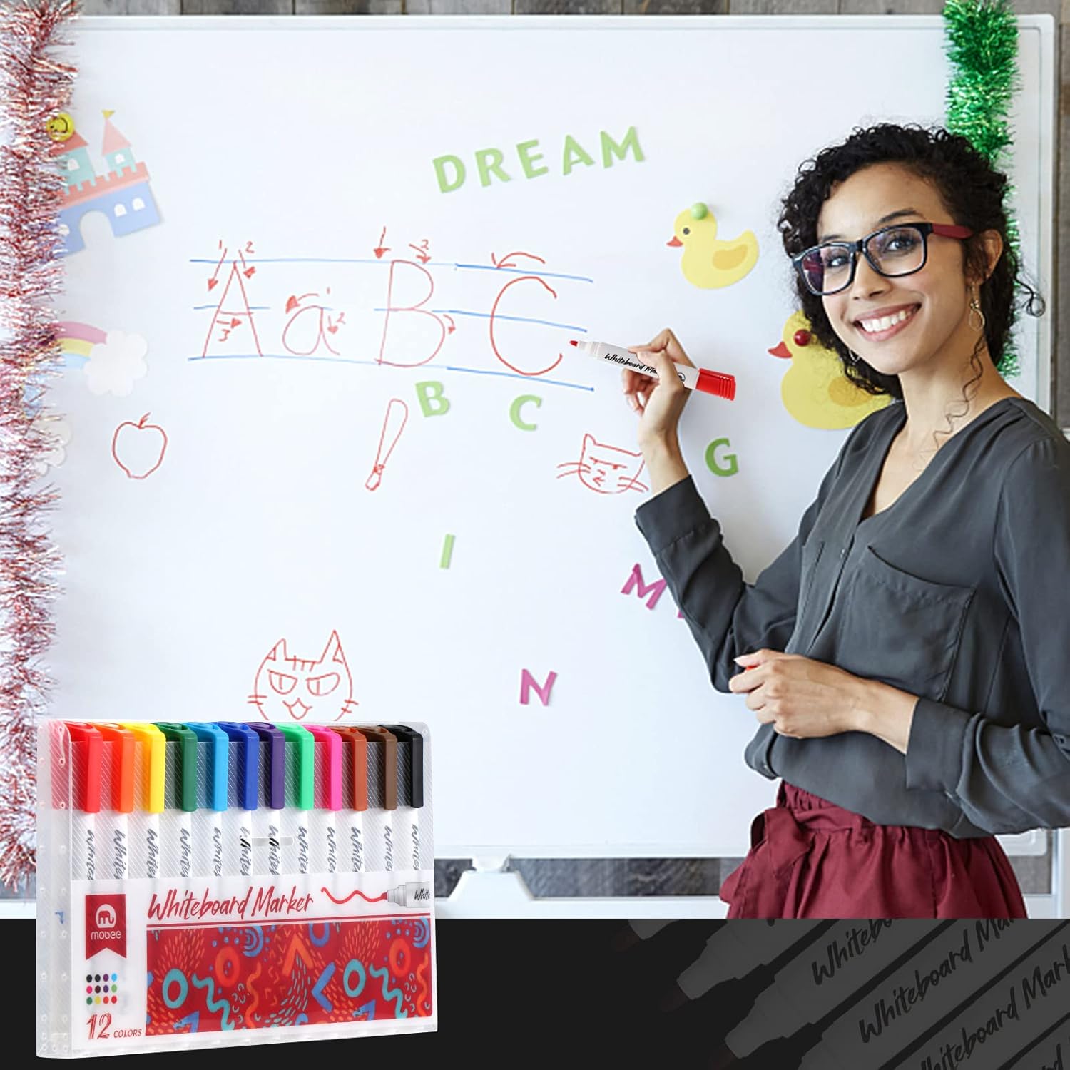 Vinabo Fine Tip Whiteboard Markers - 12 Pcs Colorful Set (Glass & Window Compatible) - Image 3