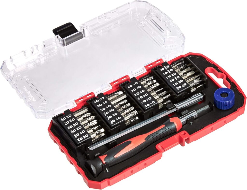 Amazon Basics 51-Piece Precision Screwdriver Bit Set, Black, Red, Silver