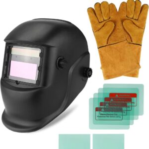 Welding Helmet Auto Darkening Solar Powered Welder Helmet with 6 Replacement Lens + Welding Gloves, Adjustable Shade 4/9-13 for TIG MIG ARC Weld Grinding, Welding Mask Hood Helmet
