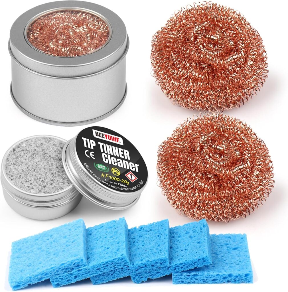 BEEYUIHF Soldering Tip Cleaning Kit Include 1 Pcs Soldering Tip Cleaner and 3 Pcs Brass Cleaning Wire and 1 Pcs Holder and 5 Pcs Sponge for Cleaning Solder Iron Tips