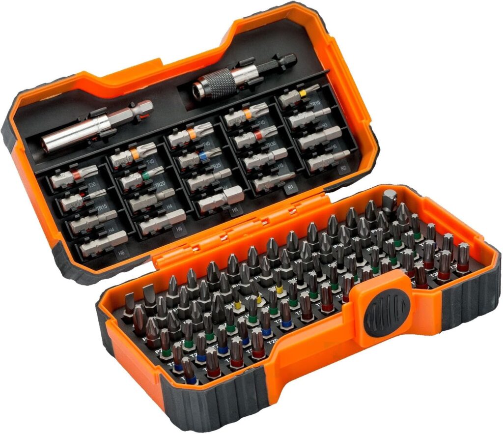 Bahco 59/S100BC 100 pcs bit set for Slotted, Phillips, Pozidriv, Hexagon, Robertson and coloured TORX®,TORX® Tamper, head screws