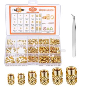 200 Pcs Threaded Inserts for Wood, M2 M2.5 M3 M4 M5 M6 Heat Set Insert with Tweezers Brass Metric Knurled Nuts Assortment Kit for 3D Printing