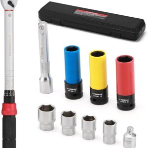 CASOMAN 10 PCS 1/2" Drive Torque Wrench Set, 20-230Nm Dual-Direction Adjustable, with Extension Bar, Adapter, and Impact Sockets