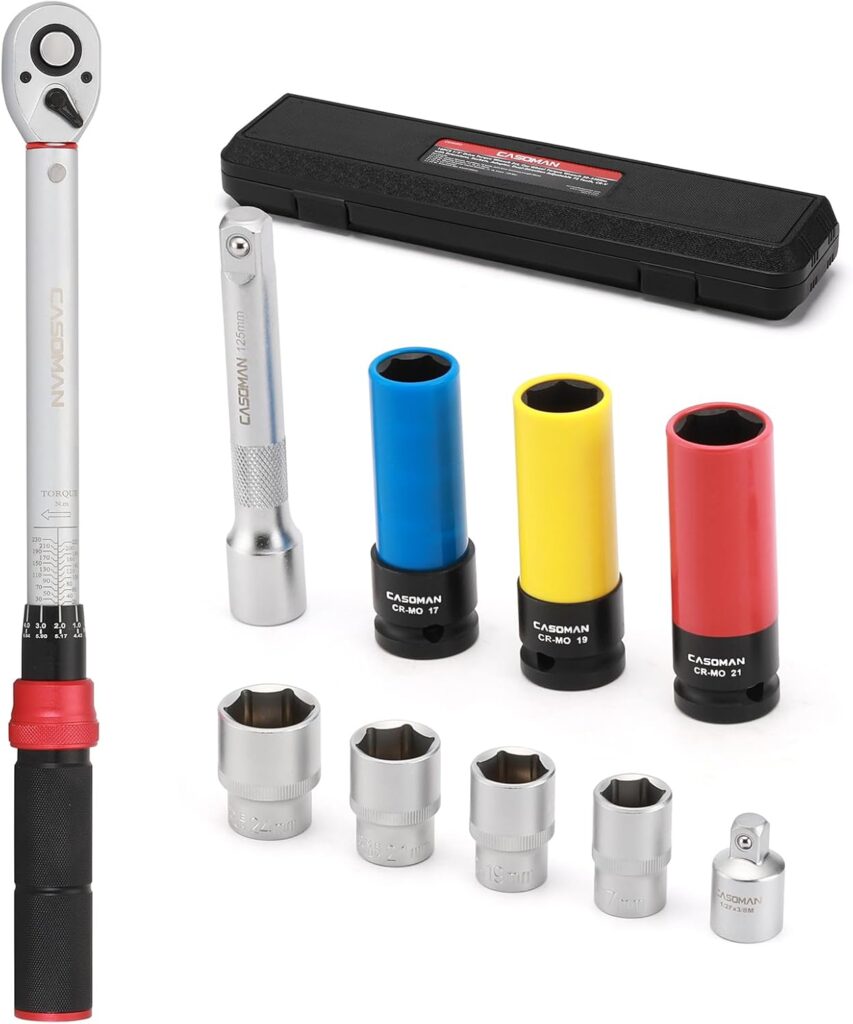CASOMAN 10 PCS 1/2" Drive Torque Wrench Set, 20-230Nm Dual-Direction Adjustable, with Extension Bar, Adapter, and Impact Sockets
