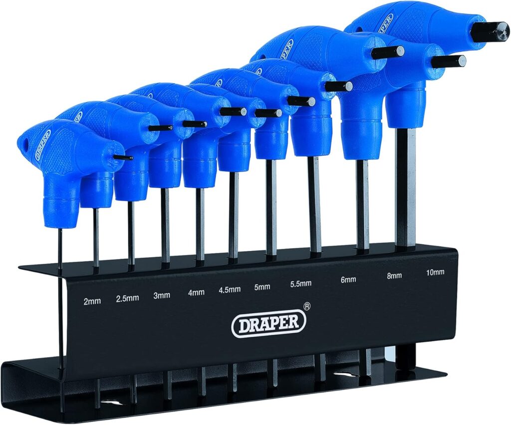 Draper 10 Piece T-Handle Hexagon Allen Key Set | Metric Long Pattern Hand Tools | Hex Key Wrench Kit | Long Arm Chrome Vanadium Steel Kit | Steel Wall Mounting Stand| 33869