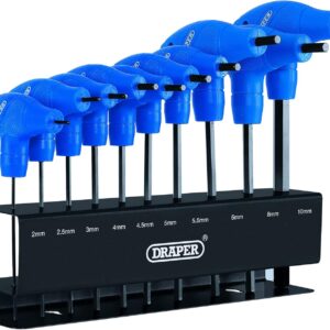 Draper 10 Piece T-Handle Hexagon Allen Key Set | Metric Long Pattern Hand Tools | Hex Key Wrench Kit | Long Arm Chrome Vanadium Steel Kit | Steel Wall Mounting Stand| 33869