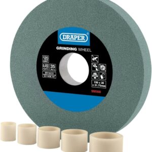 Draper 150mm x 20mm Bench Grinding Wheel | 120 Grit TCT Tool Sharpener | 5 Reduction Rings | Dry Cutting | 31.75mm Bore | 99568