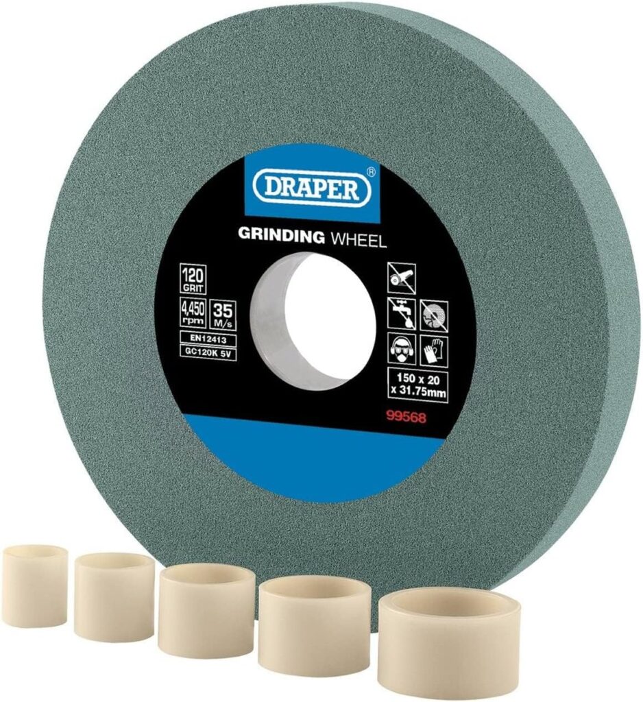 Draper 150mm x 20mm Bench Grinding Wheel | 120 Grit TCT Tool Sharpener | 5 Reduction Rings | Dry Cutting | 31.75mm Bore | 99568