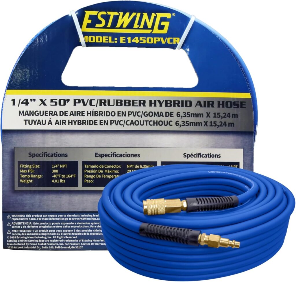 Estwing E1450PVCR 50' PVC/Rubber Hybrid Air Hose with Brass NPT Industrial Fitting and Universal Quick Connect Coupler, Blue and Yellow, 1/4" x 50’