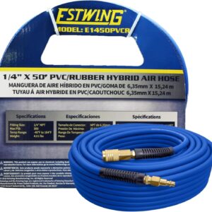 Estwing E1450PVCR 50' PVC/Rubber Hybrid Air Hose with Brass NPT Industrial Fitting and Universal Quick Connect Coupler, Blue and Yellow, 1/4" x 50’
