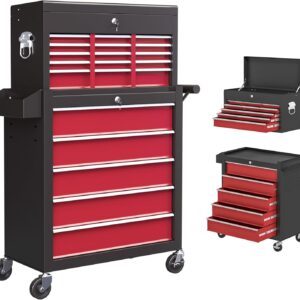 HOMCOM 2 in 1 Rolling Tool Cabinet on Wheels with 14 Drawers, Pegboard and Side Rack, Lockable Top Tool Chest and Roller Cabinet Combo for Workshop and Home, Red