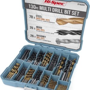 Hi-Spec 130pc Mixed Multi Drill Bit Set. 1 to 10mm HSS Titanium Coated, Masonry & Brad Point Steel Bits for Metal, Woods, Plastics, Brick and Concrete. Complete in a Box Case