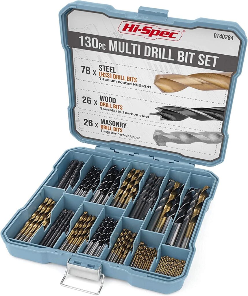 Hi-Spec 130pc Mixed Multi Drill Bit Set. 1 to 10mm HSS Titanium Coated, Masonry & Brad Point Steel Bits for Metal, Woods, Plastics, Brick and Concrete. Complete in a Box Case