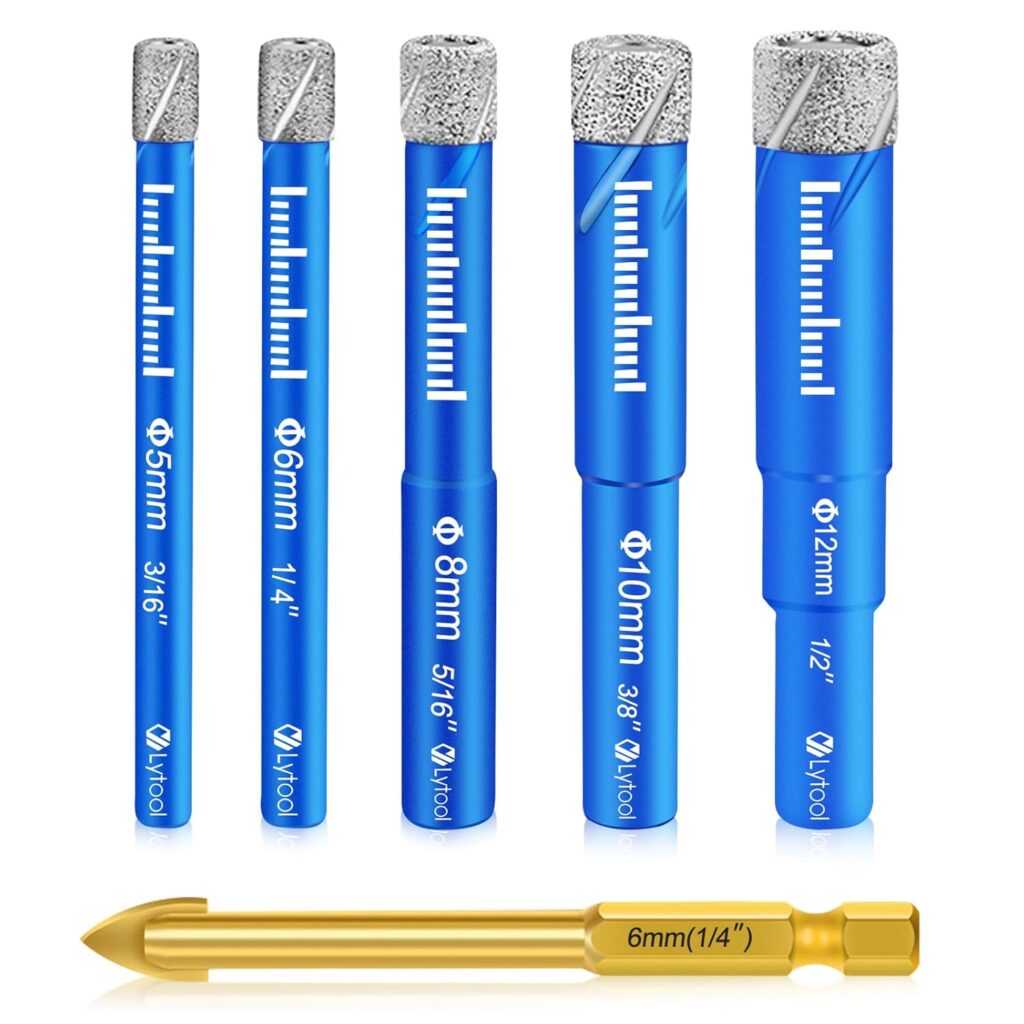 Glass Drill Bit, Lytool Dry Diamond Drill Bits Set 5 PCs - 5, 6, 8, 10, 12 mm, for Granite, Ceramic, Marble Tile Stone, Glass Hard Materials
