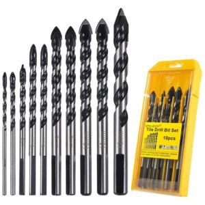 HPMAISON Tile Drill Bit, 10PCS Professional Tungsten Carbide Drill Bit for Ceramic Tile, Porcelain, Brick, Granite Marble, Glass, Cement, Plastic, Wood 3/4/5/6/6/8/8/10/10/12mm