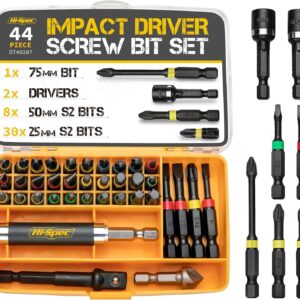 Hi-Spec 44pc Impact Drill Driver Screw Bit Set with Popular PZ & PH Sizes. 1/4 Hex S2 Screwdriver Bits with Nut and Socket Drivers.