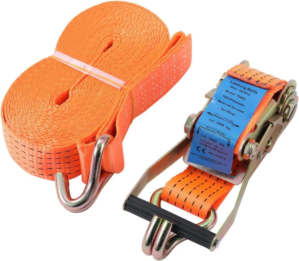 KATSU Tools 5000kg (5 Tonne) 10m Ratchet Tie Down Lashing Strap Heavy Duty Tensioning Belt Material Handling EN 12195-2 with Belt Width of 5cm + Claw Hook
