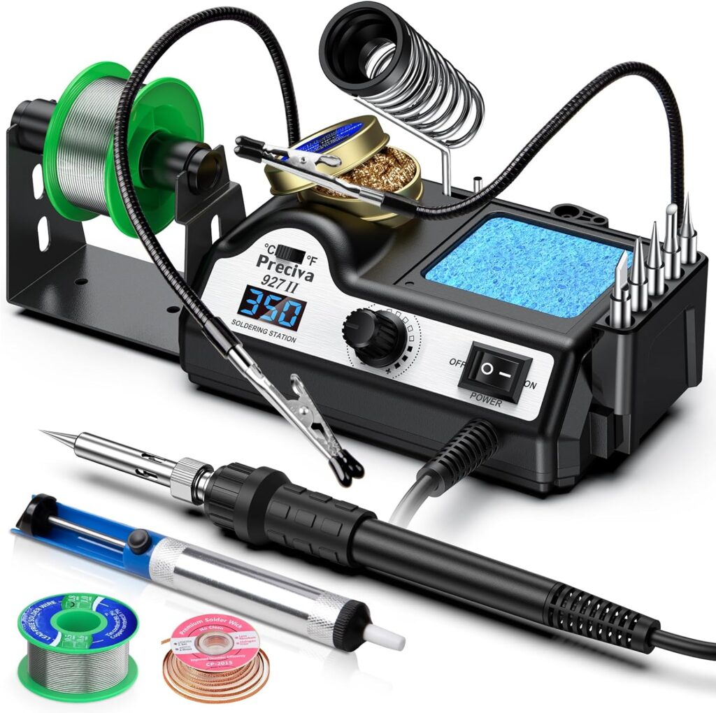 Soldering Iron Kit, Preciva 927II Welding Station Set with 2 Helping Hands, 90-480℃ Temp Adjustable, 60W LCD Solder Station with 5 Tips, ℉/℃ Buttons, Sleep and Thermostat Control Function