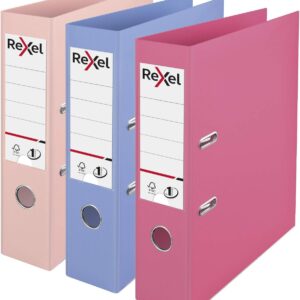 Rexel Pastel Plastic A4 Lever Arch Files, 3-Pack (Pink, Blue, Peach), Patented No.1 Power Mechanism, FSC Certified, Replaceable Spine Labels, Ring Binder, Archiving & Home Office File Organizer