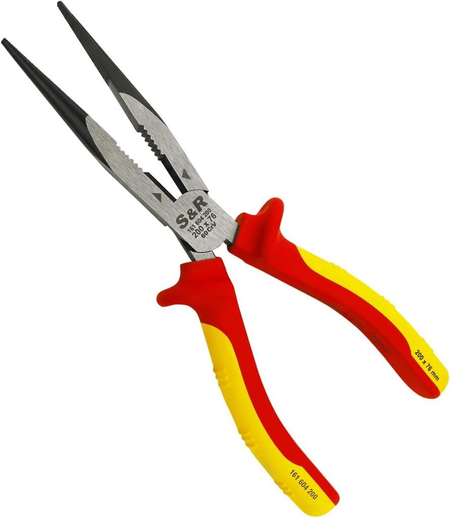 S&R VDE Long Flat Nose Pliers 200mm – 1000V Insulated | VDE-Certified | Chrome Vanadium Steel | Electrical Installation Tool