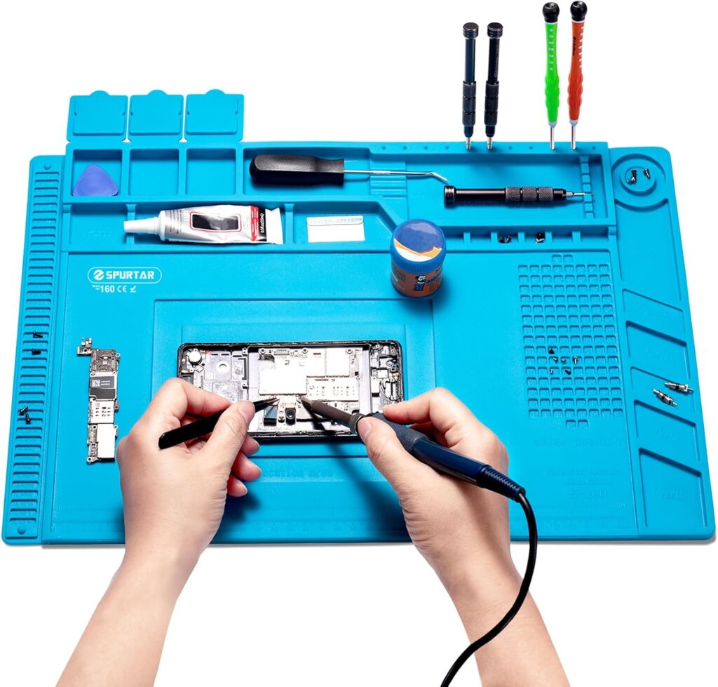 Spurtar Soldering Mat, Soldering Station 45 x 30 cm 500℃ Heat-Resistant Silicone Work Mat, Anti Static Magnetic Electronics Repair Silicone Pad for Electronic, Soldering, Phone Laptop Watch Repair