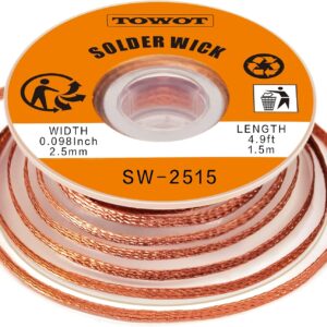 TOWOT Solder Wick Braid with Flux No-Clean Electronic, Desoldering Wick Braid Remover.Desolder Soldering 2.5mm W 0.10'' L 5'