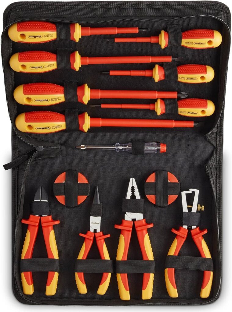 VonHaus Electrician Screwdriver and Pliers Tool Set - Insulated Screwdriver Set for Safe Electrical Work - 1000V VDE Tested - Includes Voltage Tester, Wire Stripper, Tape - Electricians Tools
