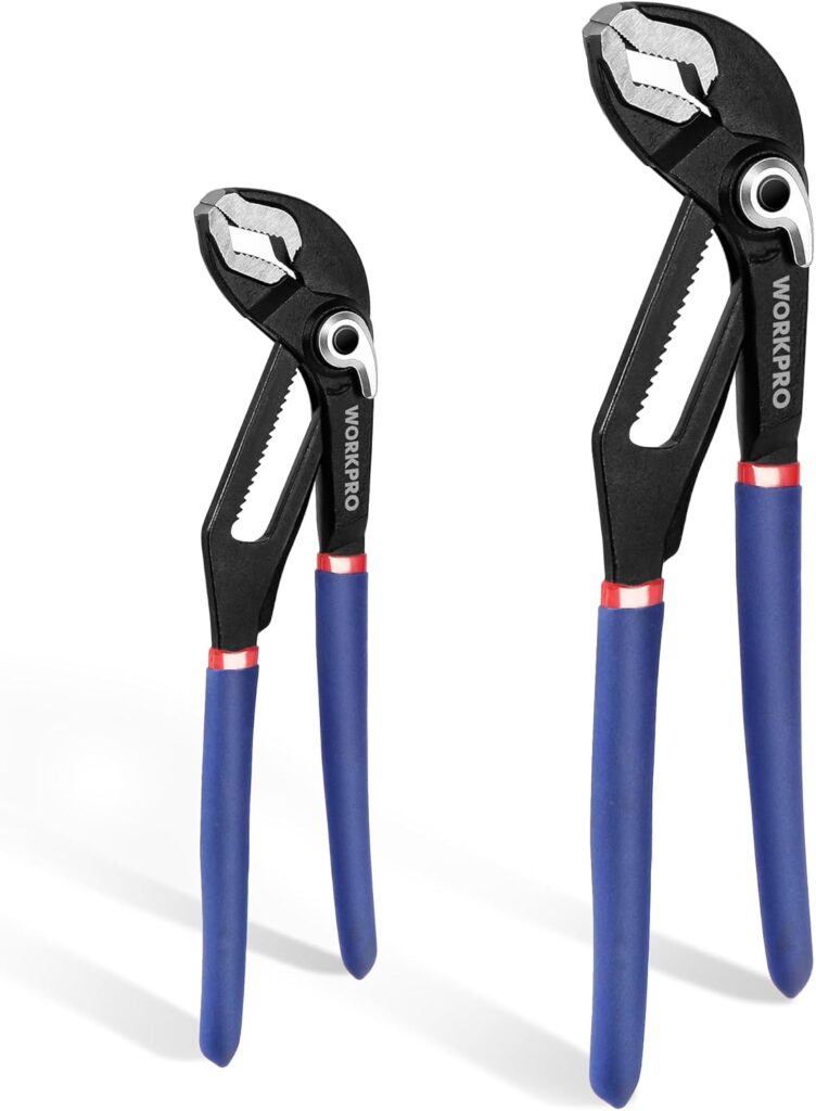 WORKPRO Water Pump Pliers, 40/52mm Wide Jaw Capacity, Quick Change Adjustable Plumbing Grips and Slip Joint Plier Set, 200mm and 250mm, 2-Piece