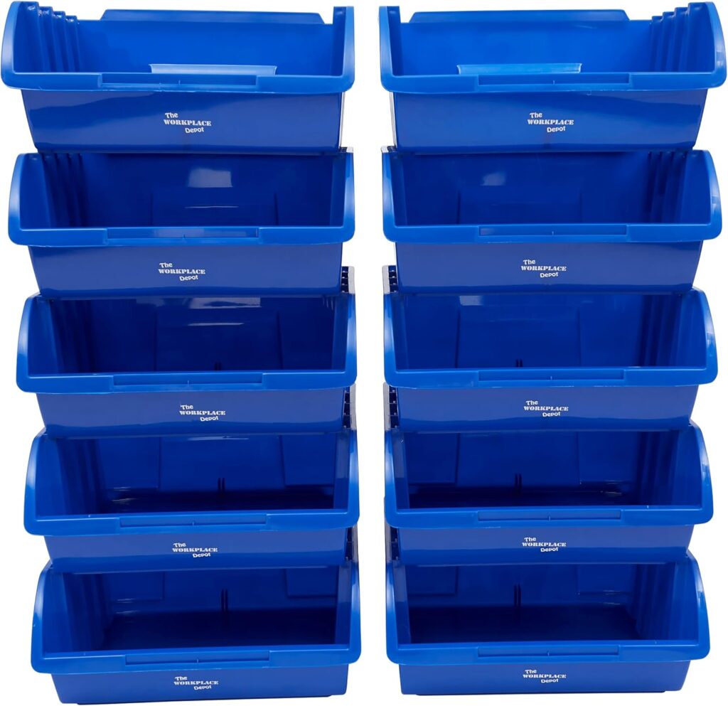 The Workplace Depot Large Plastic Stackable Blue Storage Bins for Parts and Picking - Pack of 10 - 130(H) x 290(W) mm, Small Part Storage Bins