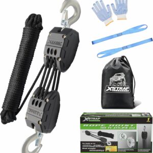 XSTRAP STANDARD Heavy-Duty 2,000LB Rope Hoist Pulley 50 Feet Wheel Block and Tackle System with 2PK 18 Inch Soft Loops for Animal Husbandry, Garage, Warehouse, Constructions, 50FT Black