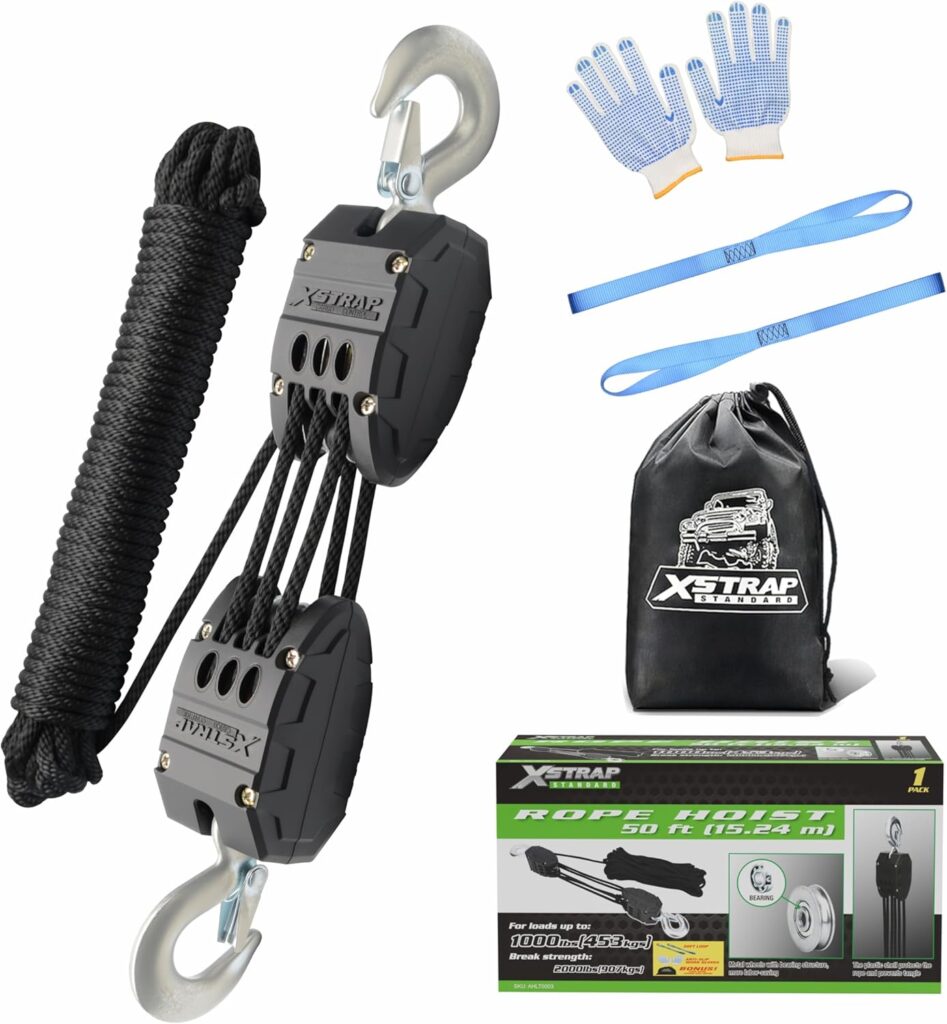 XSTRAP STANDARD Heavy-Duty 2,000LB Rope Hoist Pulley 50 Feet Wheel Block and Tackle System with 2PK 18 Inch Soft Loops for Animal Husbandry, Garage, Warehouse, Constructions, 50FT Black
