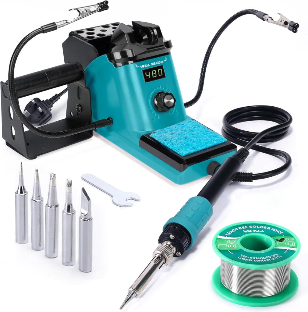 YIHUA 926LED III 60W Digital Display Soldering Iron Station Soldering Iron Kit with 2 Helping Hands, 5 Extra Soldering Iron Tips, Lead-Free Solder Wire, Auto Sleep & Calibration Support (UK Plug)