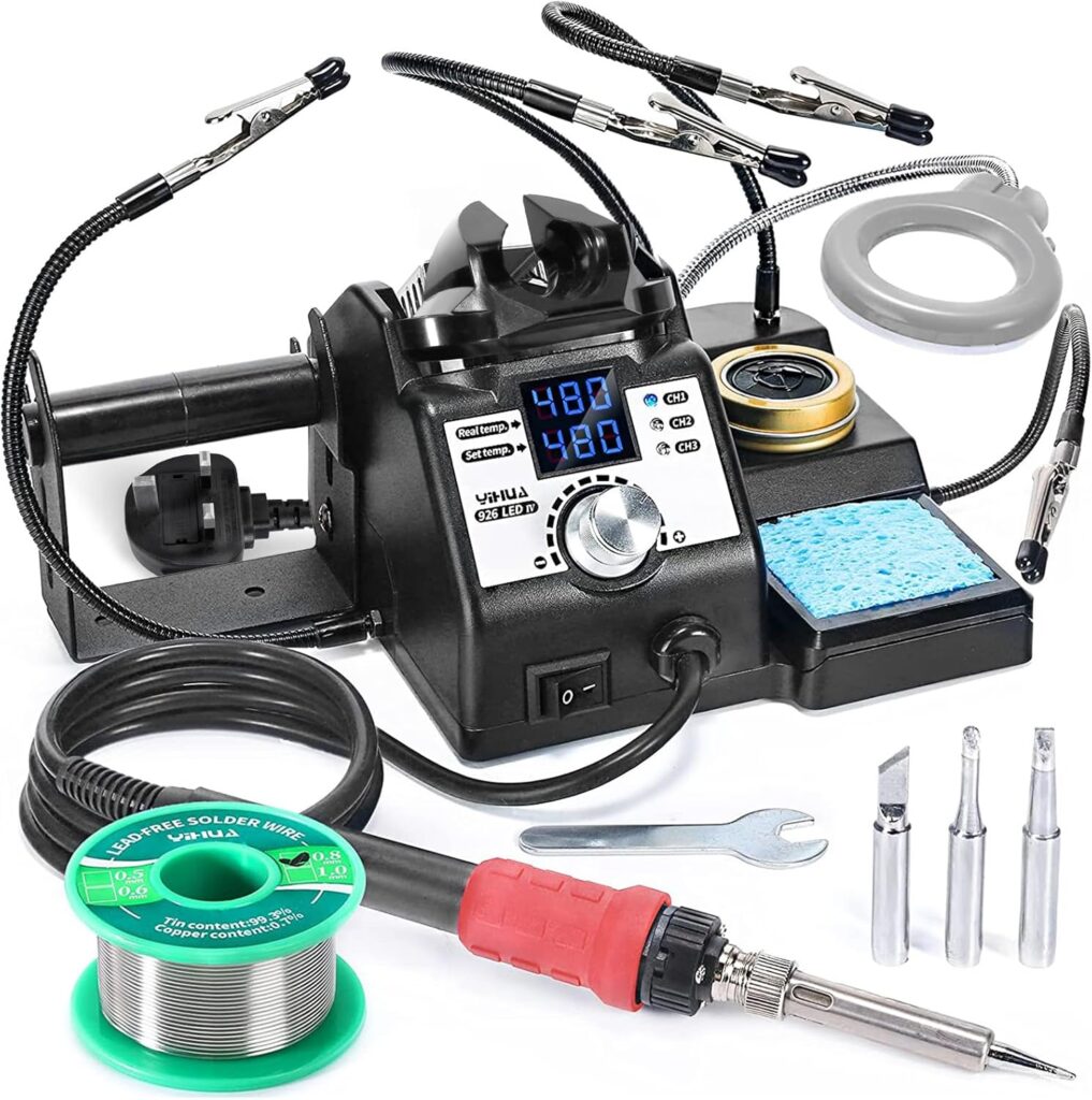 YIHUA 926LED-IV EVO 110W Soldering Station 90~480°C Soldering Kit with 4 Helping Hands, 1 Magnifier with LED, Solder Wire Dispenser, 3 Extra Soldering Tips, 35g Lead-Free Solder Wire(UK Plug)